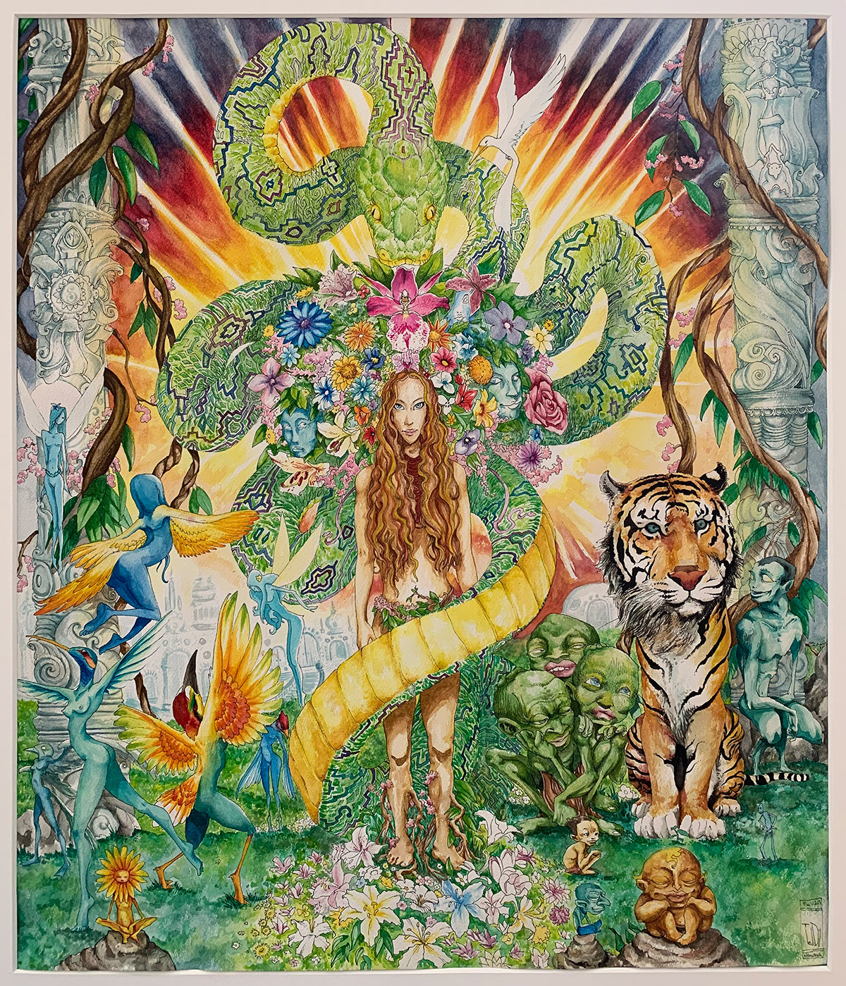 Dessin "Aya Diète" 2014, Stylo noir et aquarelle sur papier, 55 x 46 cm de l'artiste Teddy Ros Cette œuvre a été réalisée pendant que j’étais en diète d’apprentissage avec la plante maîtresse/médicinale Ayahuasca. Elle représente l’âme cachée de la plante sous ses deux formes les plus communes : le serpent anaconda (symbole de la sagesse et du savoir) et la déesse mère Ayahuasca. On y retrouve son royaume médicinal, la liane de l’Ayahuasca, ses parfums (ici représentés par les fleurs), accompagnées de ses nombreux esprits, notamment les humanoïdes à têtes de tigre (les gardiens de l’ayahuasca), ce sont des personnages asexués mais avec des têtes féminines. Cette œuvre fait référence à l’art visionnaire de Pablo Amaringo ancien chaman Shipibo-conibo qui s’est converti à la peinture chamanique en fin de vie. Ses œuvres représentent également les mondes des plantes médicinales.