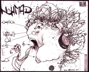 dessin au stylo noir réaliser par Teddy Ros pour impression sur stickers pour nohmad, "Nohmad stickers" 2007 stylo noir sur papier 29,7 x 21 cm représentant un monstre avec des câbles qui sortent de la tête