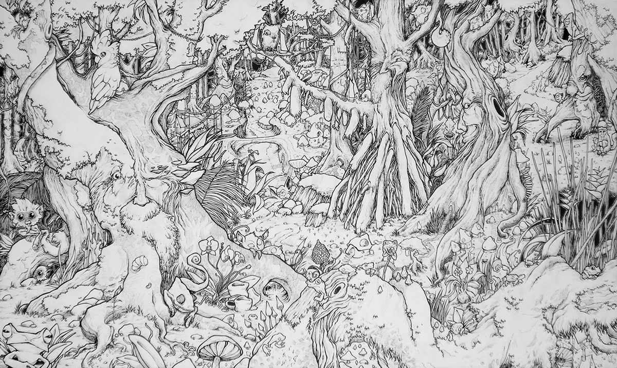 "lolo 1" 2011, posca on canvas, 270 x 180 cm - sold representing a forest filled with living trees, animals and very small houses