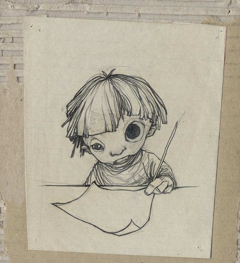"Champs" 2003 pencil on paper paste on cardboard, 14 x 12 cm representing a child drawing wide-eyed eyes