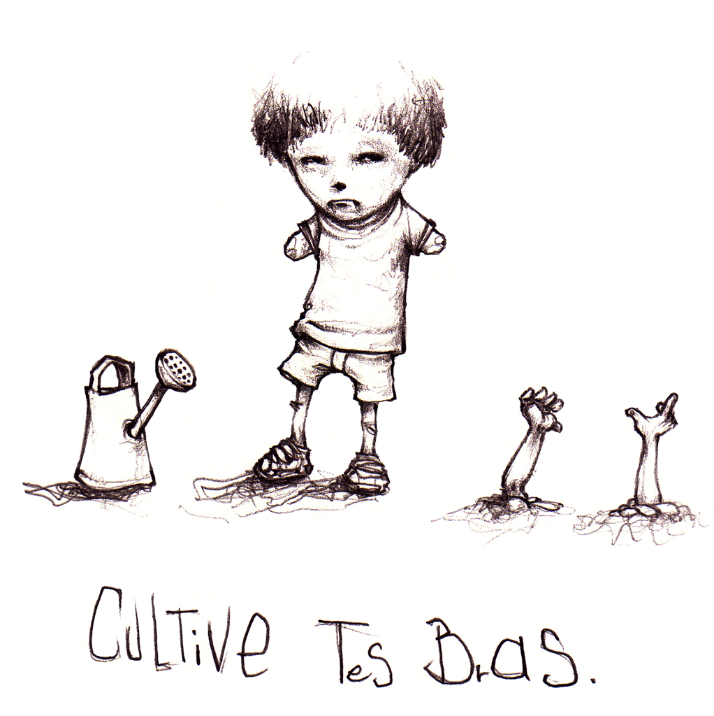 Dessin "Cultive tes bras" 2005 crayon papier sur papier 10,5 x 10,5 cm de Teddy représentant un garçon sans bras qui les a plantes dans la terre avec comme légende : "cultive tes bras"