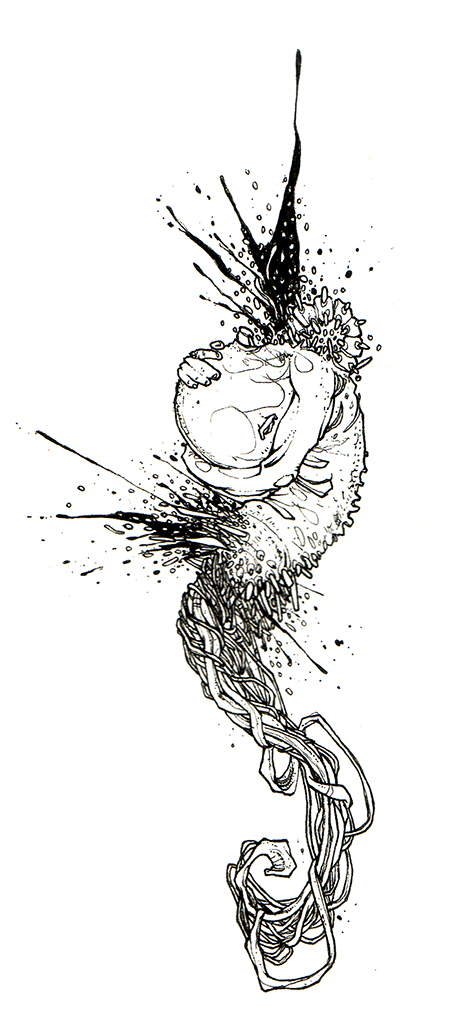 Dessin de l'artiste Teddy Ros "Dag" 2007, dessin au stylo noir sur papier, 21 x 14,8 cm représentant un enfant qui éclate et des câbles sorte de lui