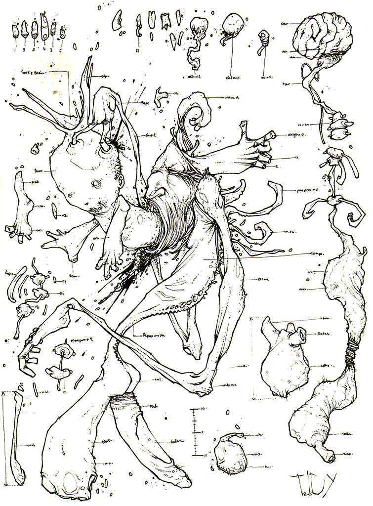 Drawing "DéformatiOn" 2007, black pen on paper, 19 x 15 cm by Teddy Ros representing a scientific study of a watch with all its organs