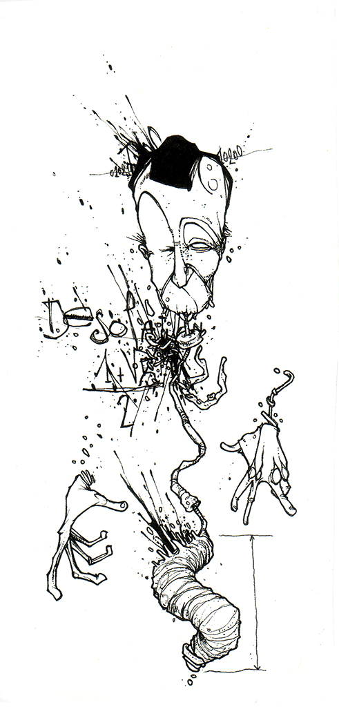 Dessin "DésOlation" 2007, stylo noir sur papier, 19 x 15 cm de Teddy Ros représentant un homme ou seul sa tête ses mains et son gros intestin reste