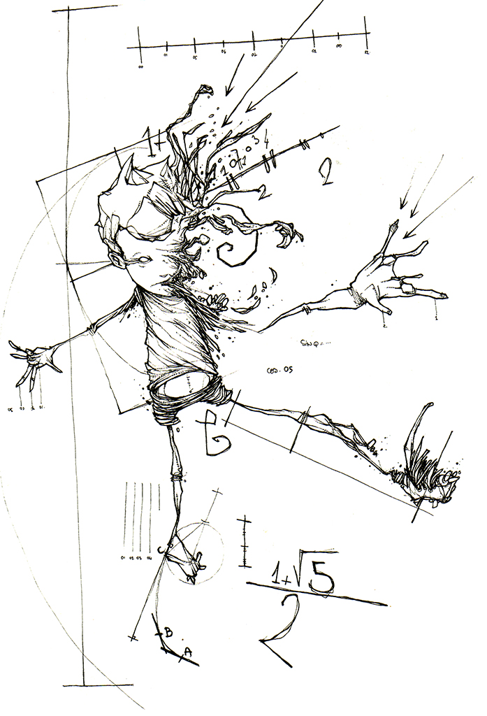 Dessin "enfant" 2006 stylo noir sur papier 21 x 14,8 cm de l'artiste Teddy Ros représentant un enfant ce transformant en équation mathématique