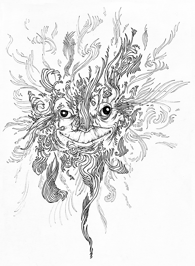 Dessin de l'artiste teddy Ros "espiritus" 2009 stylo noir sur papier 29,7 x 21 cm représentant un esprit dans l'énergie