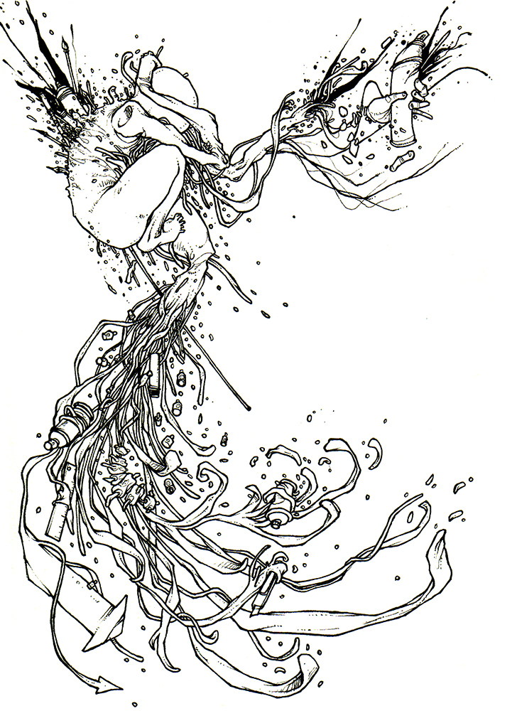 Dessin "foetus" 2003 stylo noir sur papier 29,7 x 21 cm de Teddy Ros représentant un homme qui explose avec plein de câbles qui sortent de lui