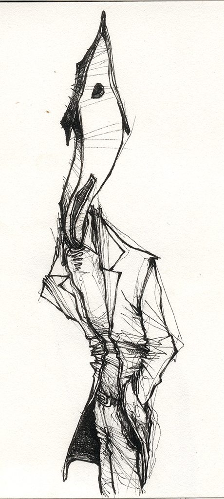 Dessin "hommemaison" 2005 stylo noir sur papier 14 x 5 cm de Teddy Ros représentant un homme avec une tête de maison les main dans ses poches