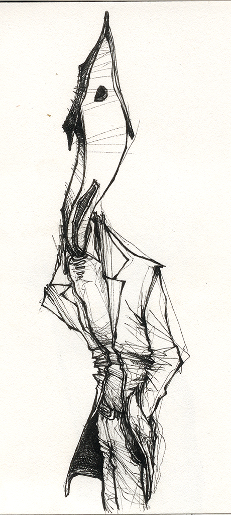 Drawing "hommemaison" 2005 black pen on paper 14 x 5 cm by Teddy Ros representing a man with the head of a house with his hands in his pockets