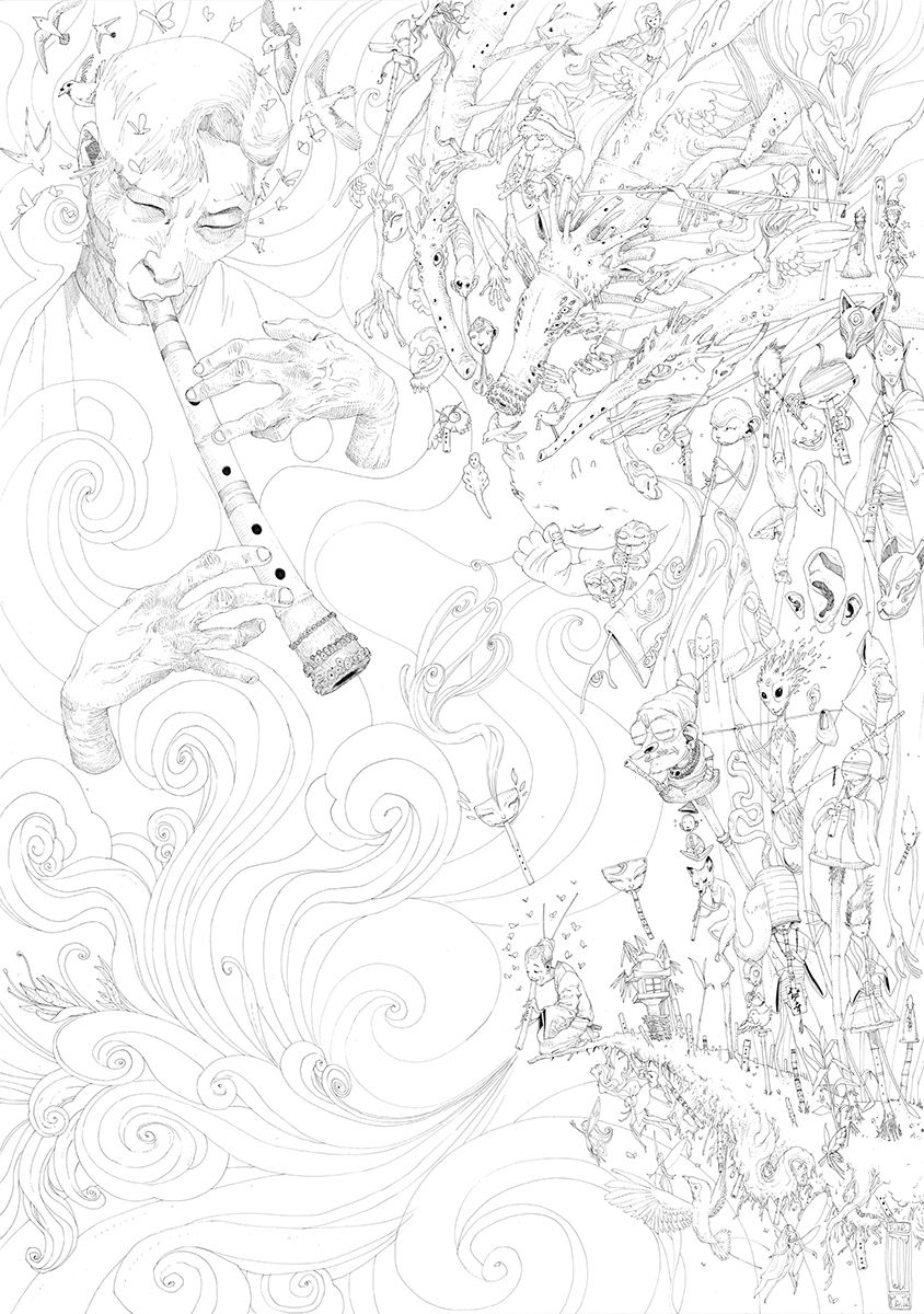 Dessin réalisé par Teddy Ros "Interview" 2021, stylo noir sur papier, 84,1 x 59,4 cm, représentant un joueur de shakuachi en bord d'une falaise, pleins d'esprits jouant aussi de la flute l'entour