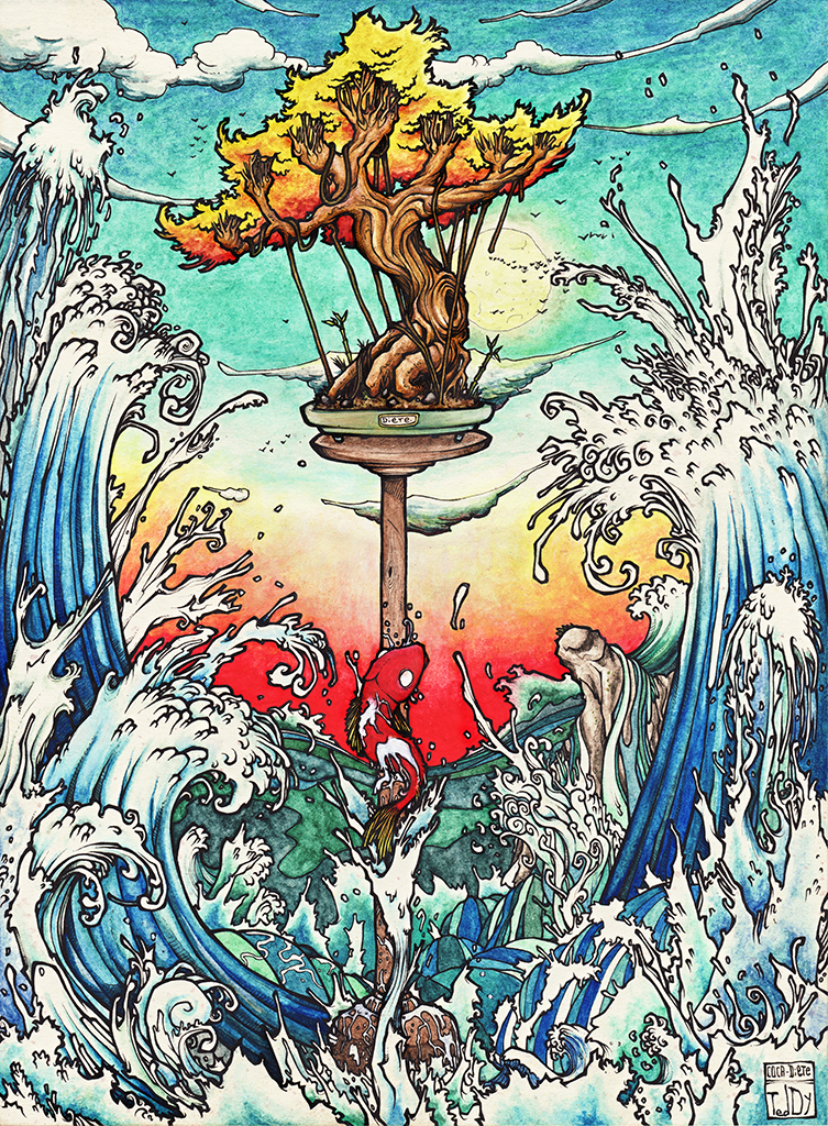 Drawing by Teddy Ros "The Sea" 2011, black pen, watercolor on paper, 29.7 x 21 cm representing Teddy Ros' coke diet in the symbolic form of a bonsai