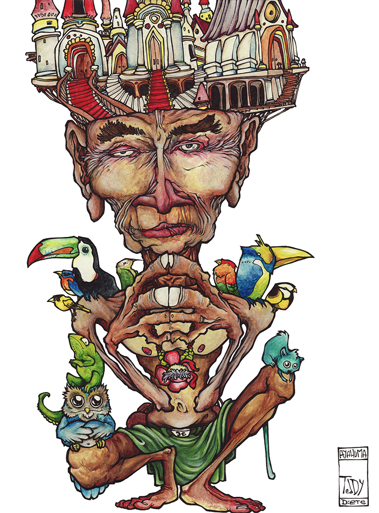 Drawing by Teddy Ros "the ayahuma" 2011, black pen and watercolor on paper, 29.7 x 21 cm representing the spirit of the ayahuma with his animals and his palace on his head