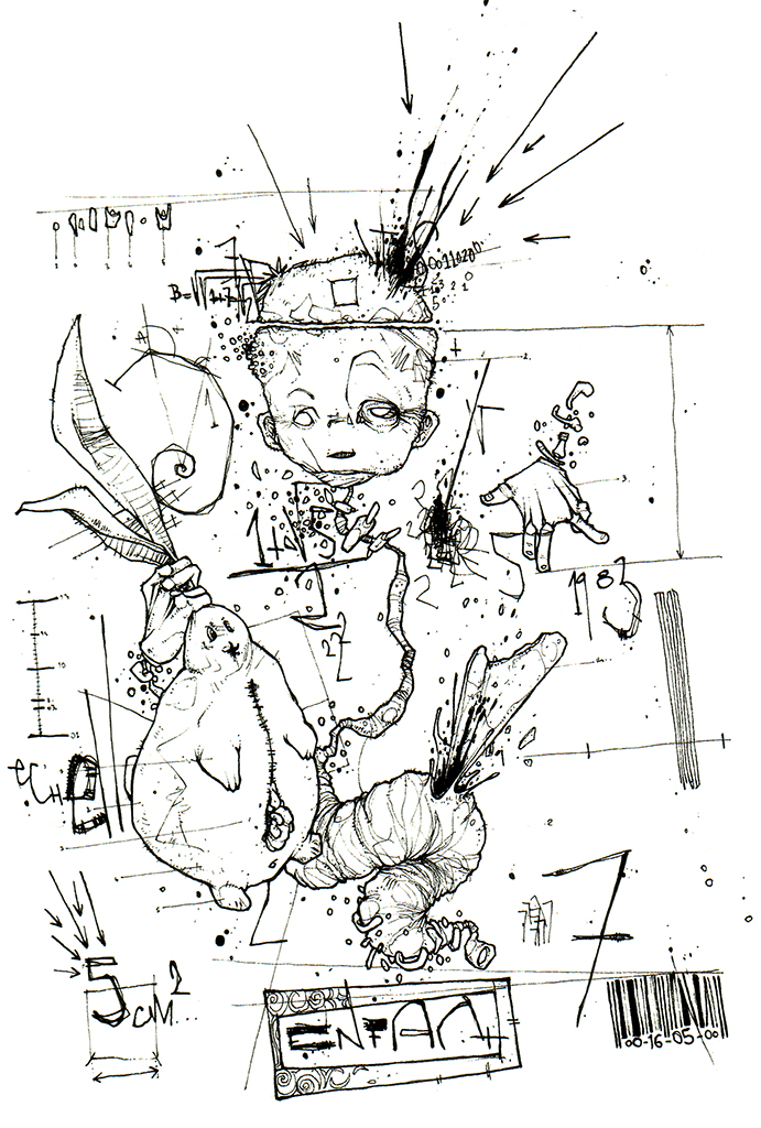 "le lapin" 2005 stylo noir sur papier 21 x 14,5 cm dessin de Teddy réaliser en 2005 au stylo noir sur papier 21 x 14,5 cm représentant une étude scientifique d'un enfant avec son doudous lapin