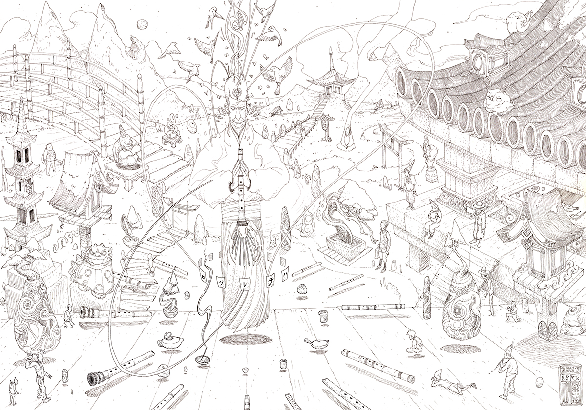 Drawing by Teddy Ros "The Opening of the Flute" 2021, black pen on paper, 42 x 29.7 cm, representing a shakuhachi flute player surrounded by Japanese decorations and spirits