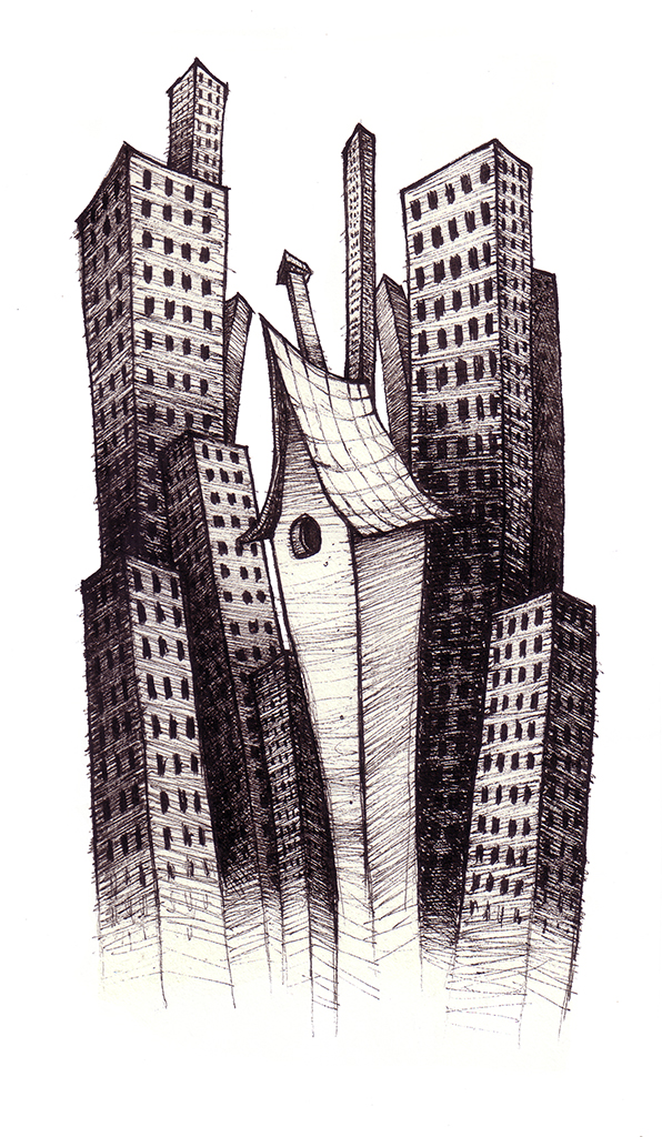 Drawing "MaisOn" 2008, black pen on paper, 21 x 12 cm by Teddy Ros representing solitude through a house surrounded by a building