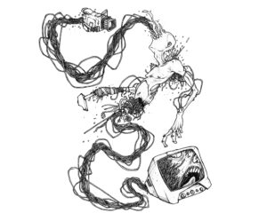 Dessin "Martel en Tête" 2007, stylo noir sur papier, 29,7 x 18 cm de l'artiste Teddy Ros représentant un homme traverser de différentes câbles électriques qui termine soit en caméra soit dans une télévision