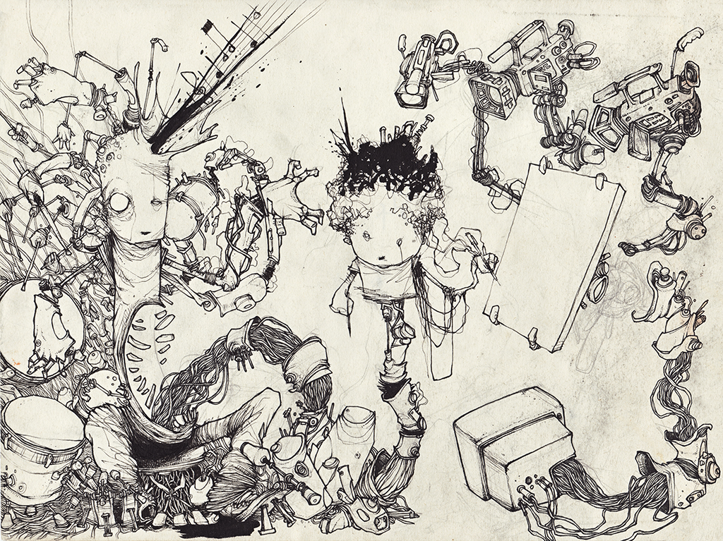 Dessin "musicologie" 2006 stylo noir sur papier 29,7 x 21 cm de l'artiste Teddy Ros représentant deux personnages mi humain mi robots jouant de la musique et dessinant