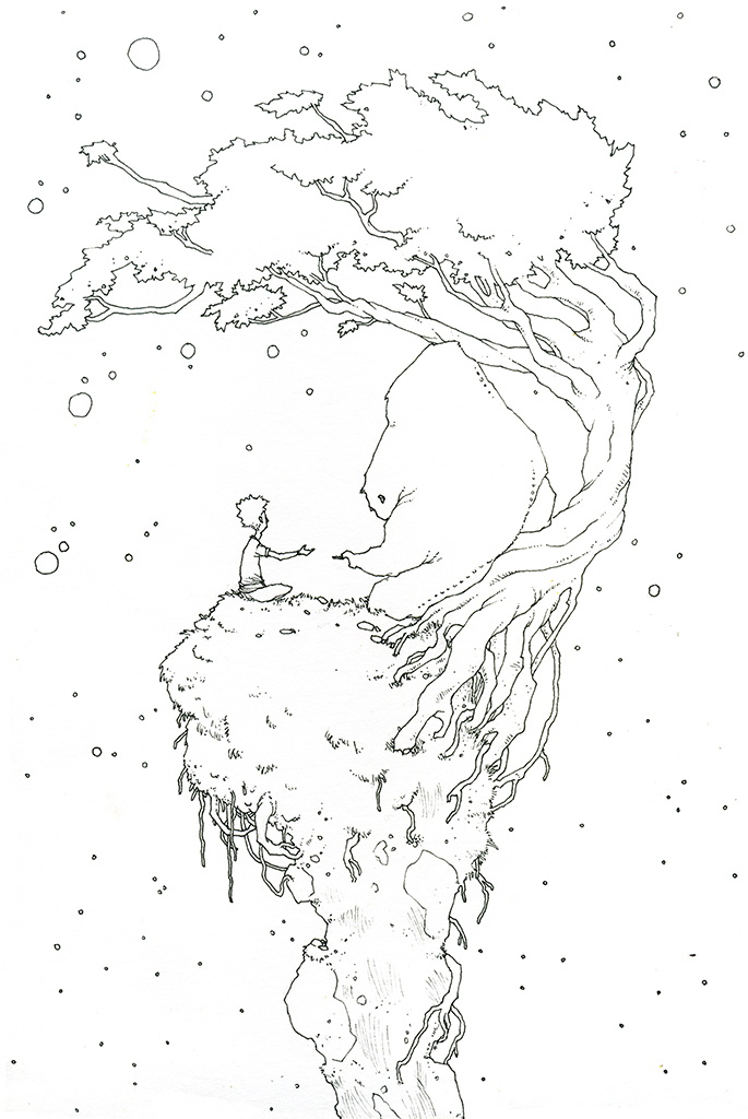 dessin de Teddy Ros "Petit monde" 2009, stylo noir sur papier, 21 x 14,8 cm représentant un petit garçon dans un petit monde sous un arbre