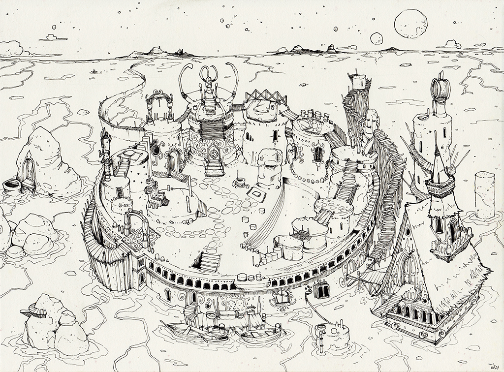 Drawing by Teddy Ros "Dream of Coca" 2011, black pen on paper, 29.7 x 21 cm representing a dream of the artist Teddy Ros during his diet of the coca plant representing the world the coca plant