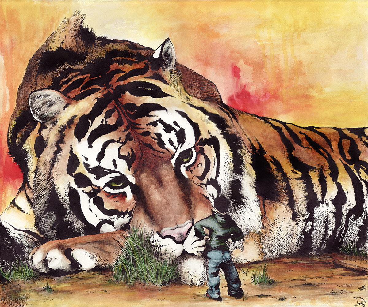 Drawing "tiger-aya-color" 2013 watercolor and Indian ink on paper 55 x 46 cm by teddy Ros representing a diet dream made by the artist teddy Ros during his diet with the ayahuasca plant