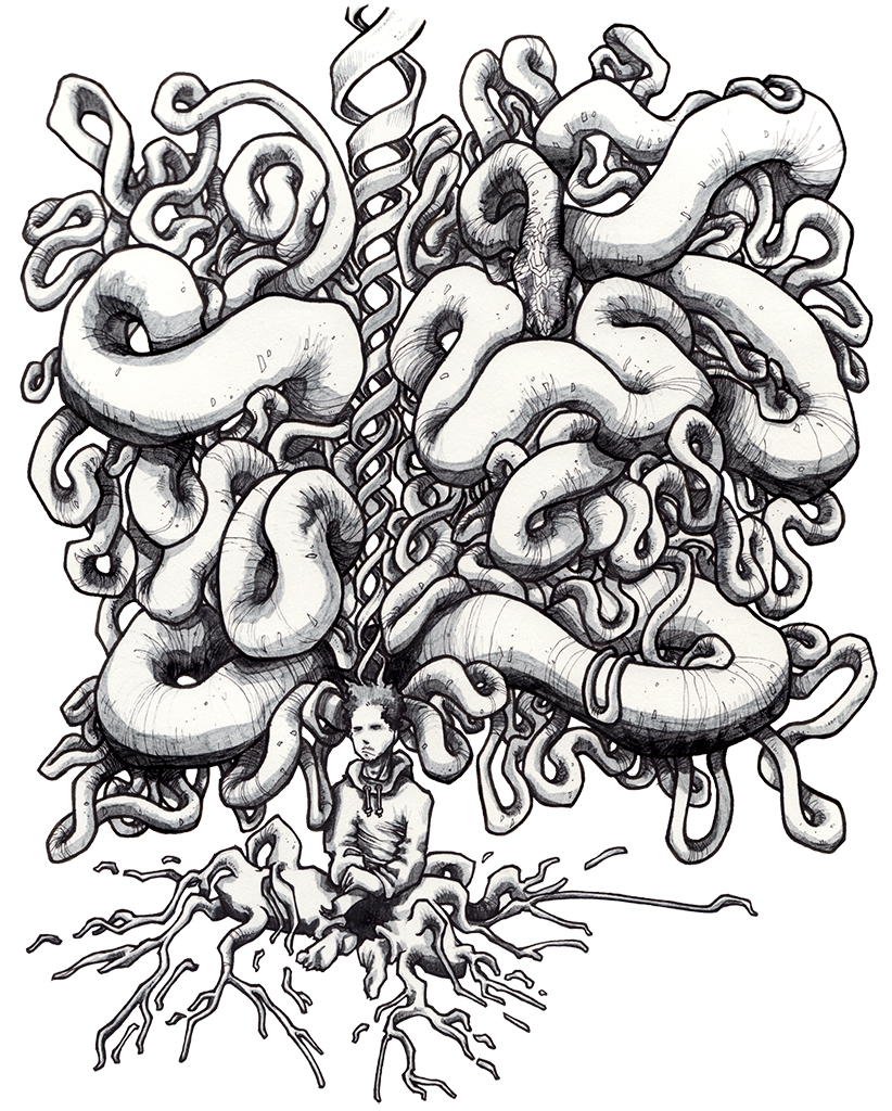 Drawing by Teddy Ros "ayahuasca" 2009 black pen and felt-tip pen on paper 29.7 x 21 cm representing a self-portrait of the artist crossed by the spirit of ayahuasca
