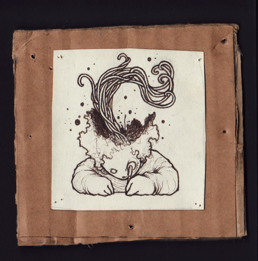 Dessin de Teddy Ros "bureau" 2007, feutre sur papier et carton, 3 x 3 cm représentant un enfant qui dessine avec des câbles sortant de sa tête