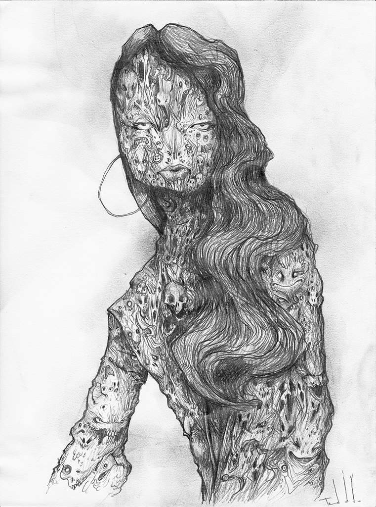 Dessin réalisé par l'artiste Teddy Ros "méta-inta" 2021, dessin au crayon sur papier, 29,7 x 21 cm représentant l'obscurité à l'intérieur d'une femme
