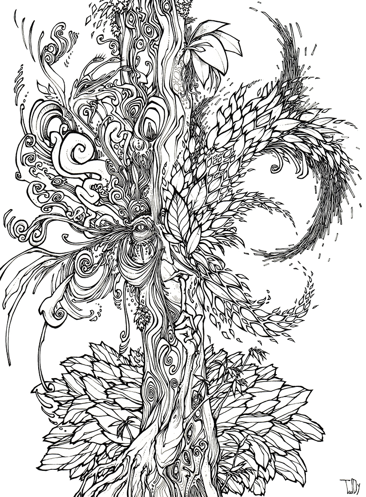Dessin de Teddy Ros "Silencio" 2011, stylo noir sur papier, 29,7 x 21 cm représentant un arbre esprit en train de dire "silence"