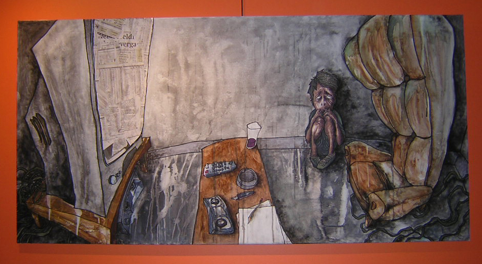 "Vidéo Tape" 2004 posca feutres et aquarelle sur marouflage 140 x 70 cm