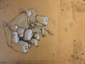 Dessin de Teddy Ros "carton-télé" 2007, stylo noir et crayon sur carton, 30 x30 cm représentant deux personnes avec des têtes de Télévision assis sur un canapé regardant la télévision