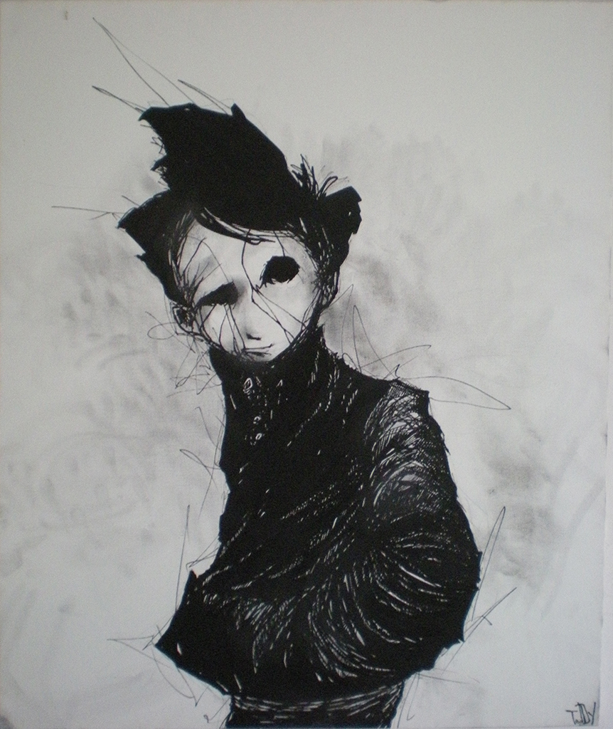 Canvas "Self-portrait" 2008 posca and pencil 75 x 60 cm by Teddy Ros representing a self-portrait of the artist in black and white