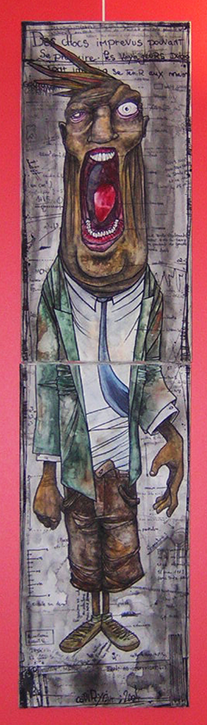 toile réalisé par l'artiste Teddy Ros "Mr pau" 2004, posca feutres, aquarelle sur toile, 120 x 30 cm représentant un homme d'affaire en train de hurler