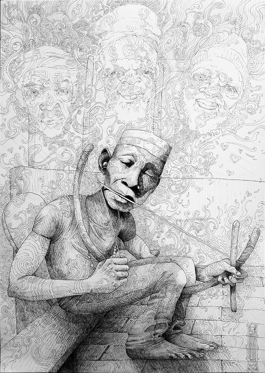 Drawing in black pen on large format paper: "sacred wood beginning" 2023, black pen on paper, 59.7 x 42 cm, representing a person playing the traditional harp during an initiation of the sacred wood accompanied by ancestors in the form of spirits