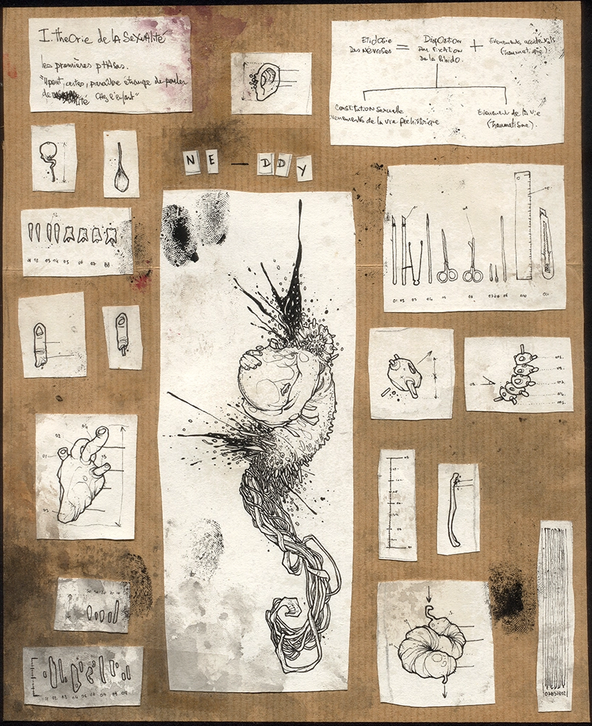 "Etudelau" bricolage trashy représentant une étude scientifique avec des dessins assez précis et fin ainsi que des annotations type scientifique suite image 1