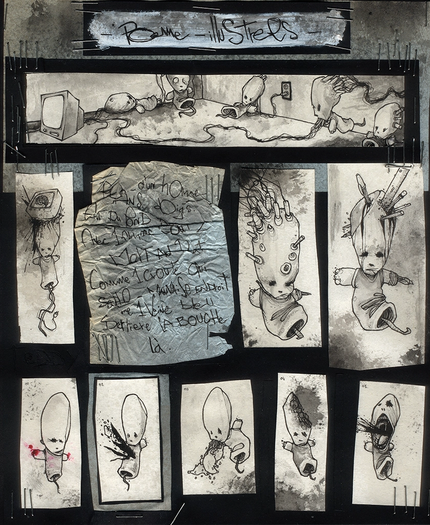 "Poem" montage of trashy drawings depicting tortured babies