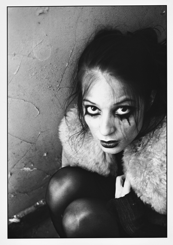 film photography diane 02, directed by Teddy Ros representing a girl with a tights blouse and gothic makeup