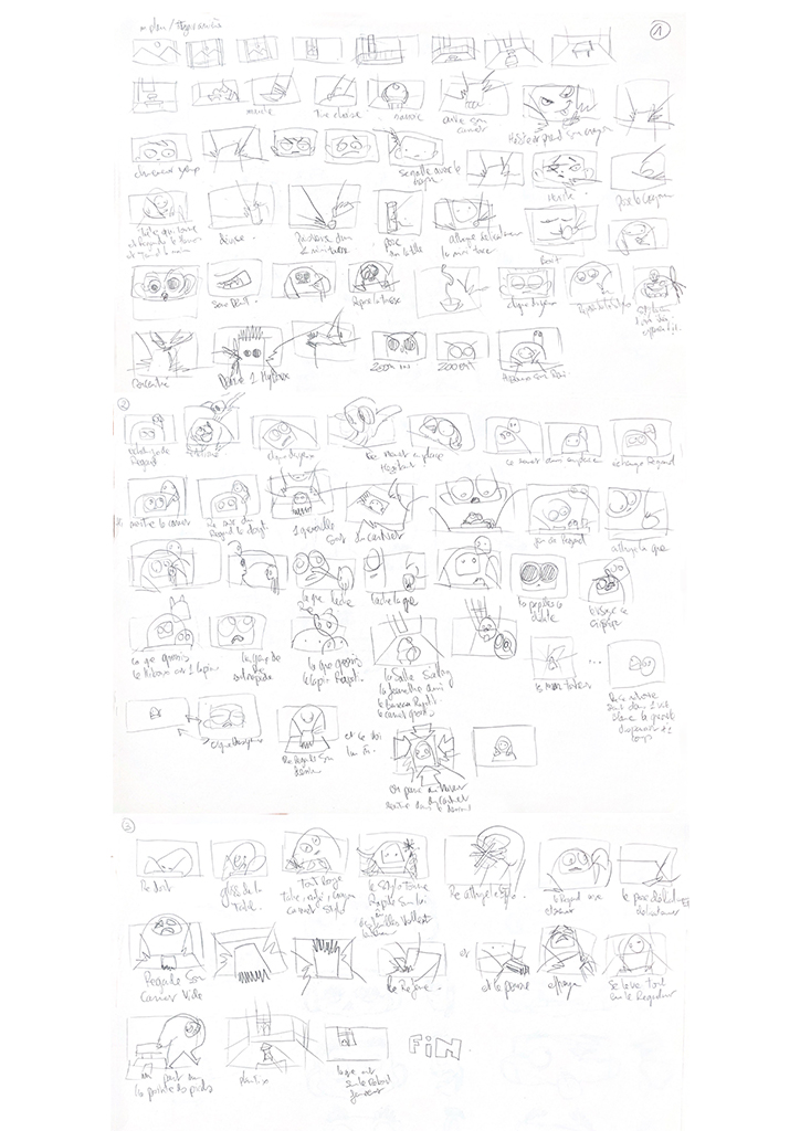 First version of the storyboard for the café-créa short film by artist Teddy Ros, preparatory sketch