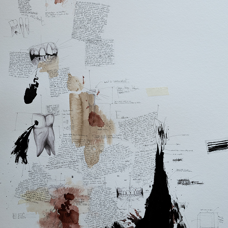 Détail "étude mal à dit" 2025, stylo noir, feutres sur papier, 100 x 70 cm, serie i-dent-ité 2025 dessin contemporain