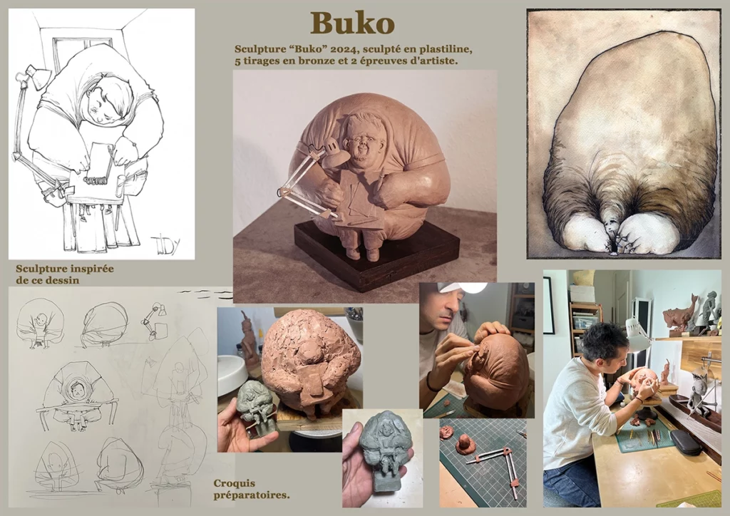 "buko" 2024, sculpture en plastiline, 21 x 22 x 23 cm, réalisé en plastiline par l'artiste Teddy Ros représentant un gros personnage imaginaire assez gros en train d'écrire sur un petit cahier, sculptures
