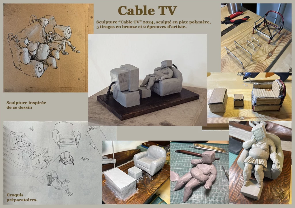 "cable TV" 2025, sculpté en pâte polymère, fils d'aluminium et bois, 30,5 x 19 x 13,5 cm. Cette sculpture représente un personnage dont la tête a la forme d’un téléviseur, assis sur un canapé en train de regarder la télévision. Des câbles sortent de sa tête et sont connectés à l’écran qu’il observe, soulignant une mise en abyme de la relation entre spectateur et média.