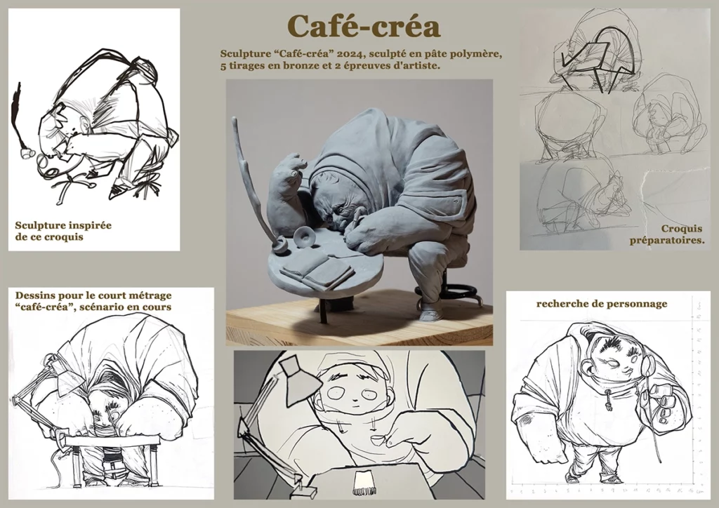 Sculpture de l'artiste Teddy Ros "Café-créa" 2022, sculpté en pâte polymère, fils d'aluminium et bois, 21 x 16 x 17 cm, représentant un gros personnage assis sur un tabouret en train d'écrire dans son petit carnet, alors que sa tasse de café vol en éclat, Teddy Ros artiste série art contemporain, sculptures
