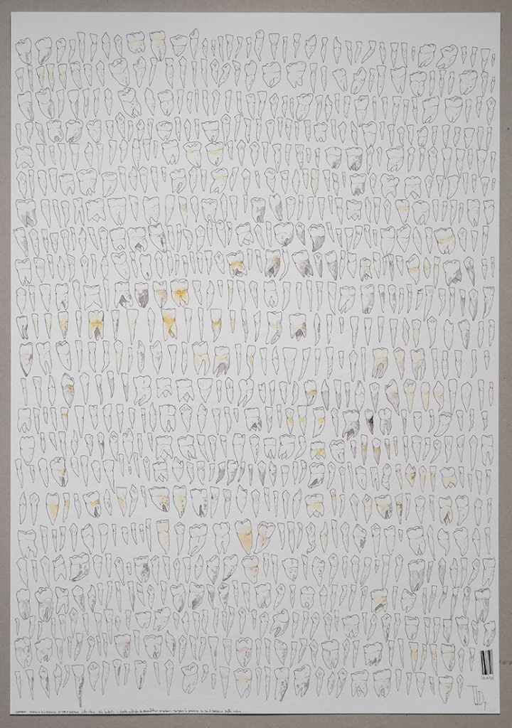 "cartographie généalogique dentaire" 2025, stylo noir, feutres sur papier, 100 x 70 cm, serie i-dent-ité 2025 dessin contemporain