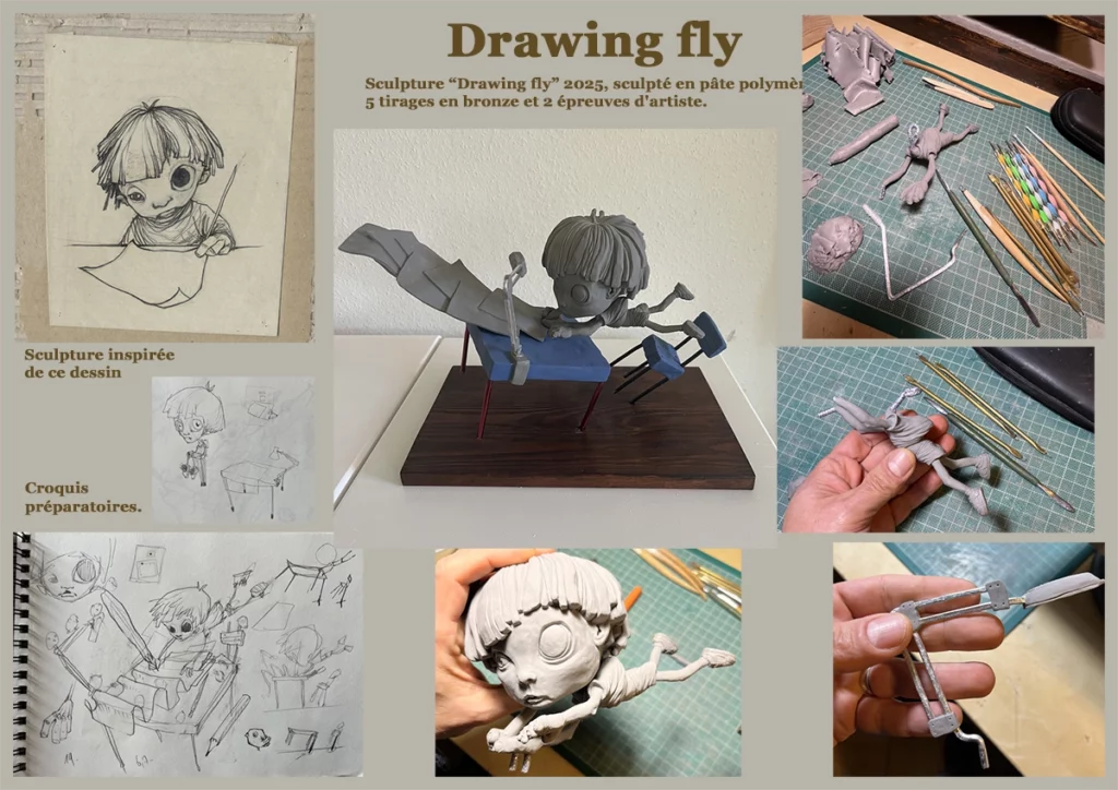 "drawing fly" 2025, sculpté en pâte polymère fils d'aluminium et bois, 36 x 19 x 22 cm. Cette sculpture représente un enfant en train de dessiner, tandis que tout ce qui l’entoure – table, chaise, feuilles, etc. – semble suspendu dans les airs, en train de s’envoler. L’ensemble évoque un moment de création intense, où l’imagination prend littéralement son envol.