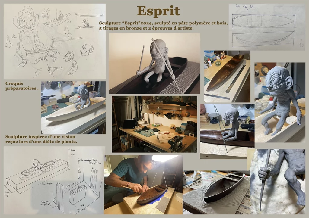 "esprit" 2024, réalisé en pâte polymère et bois, 70 x 28 x 20 cm par l'artiste Teddy Ros représentant un esprit aux grande oreilles sur une barque en train de ramé, sculptures