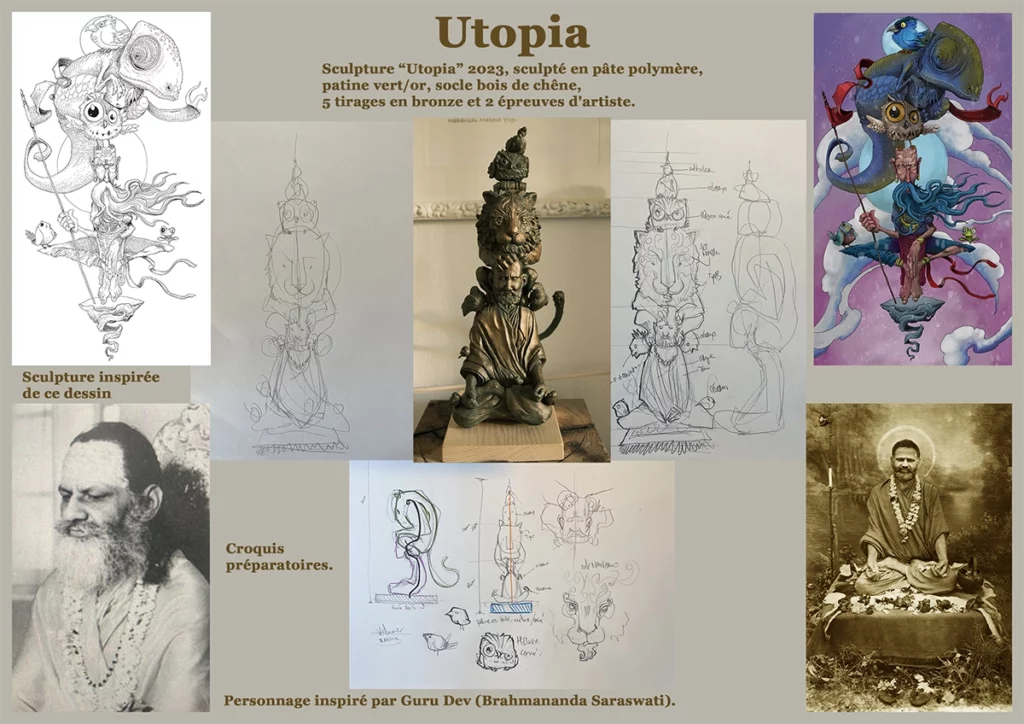 sculpture "Utopie" 2023, sculpté en pâte polymère, l'original patiné vert or socle en bois de chêne, 17 x 14 x 42 cm, réaliser par l'artiste Teddy Ros représentant Guru Dev entouré d'animaux, sculptures