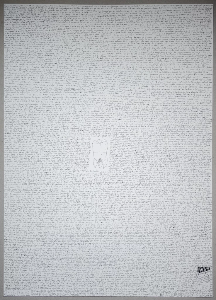 "knowledge" 2025, black pen drawing on paper 100 x 70 cm, drawing from the contemporary drawing series I-dent-ité by the artist Teddy Ros, representing a tooth surrounded by text symbolizing Western knowledge