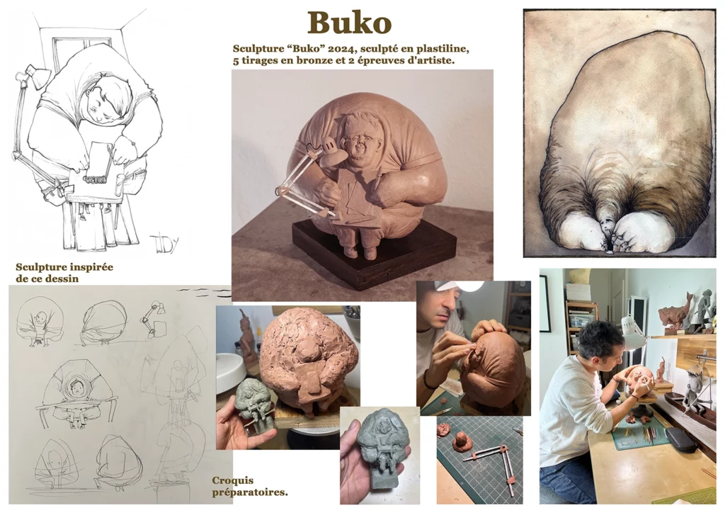 "buko" 2024, sculpture en plastiline, 21 x 22 x 23 cm, réalisé en plastiline par l'artiste Teddy Ros représentant un gros personnage imaginaire assez gros en train d'écrire sur un petit cahier, sculptures