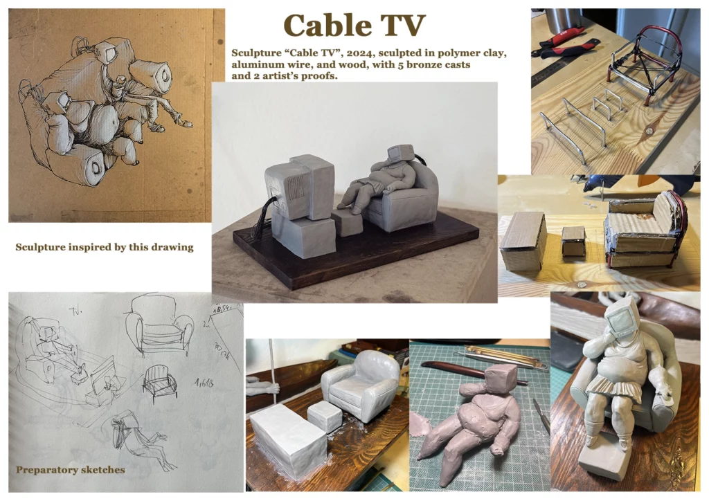 "cable TV" 2025, sculpted in polymer clay, aluminum wire, and wood, 30.5 x 19 x 13.5 cm. This sculpture depicts a character whose head is shaped like a television, sitting on a sofa watching television. Cables emerge from his head and are connected to the screen he is watching, highlighting a mise en abyme of the relationship between viewer and media.