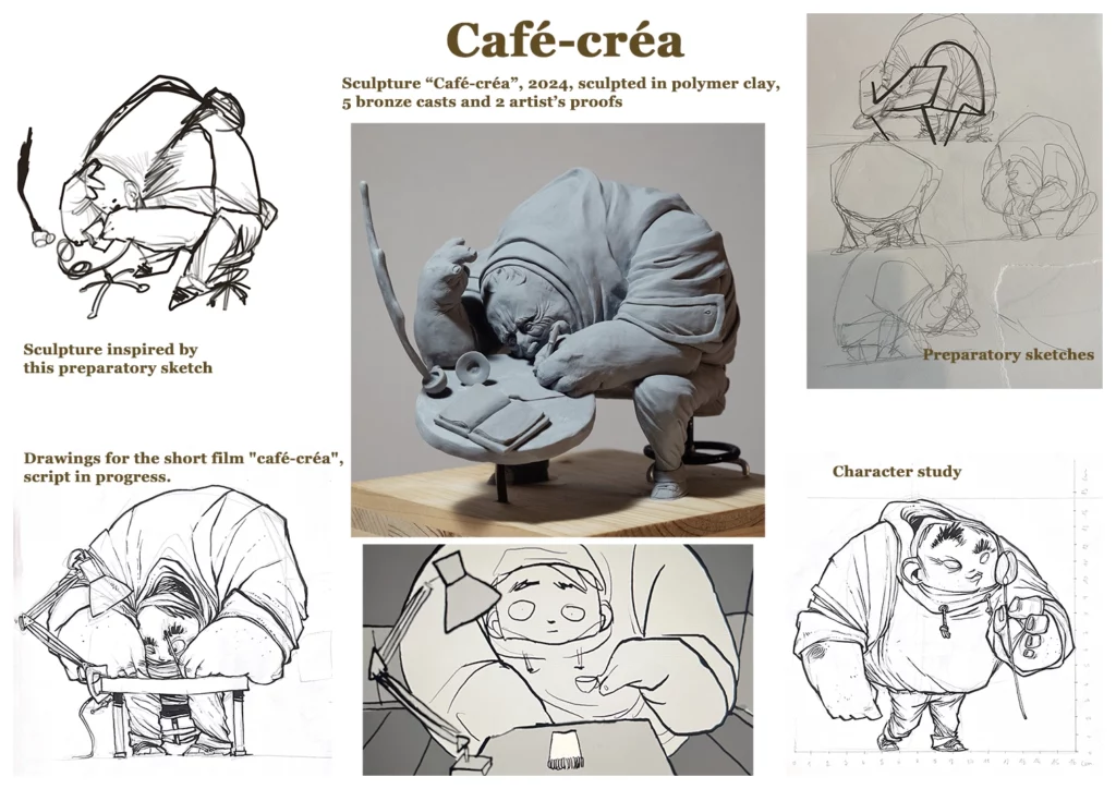 Sculpture by the artist Teddy Ros "Café-créa" 2022, sculpted in polymer clay, aluminum wire and wood, 21 x 16 x 17 cm, representing a large character sitting on a stool writing in his small notebook, while his cup of coffee shatters, Teddy Ros artist contemporary art series, sculptures