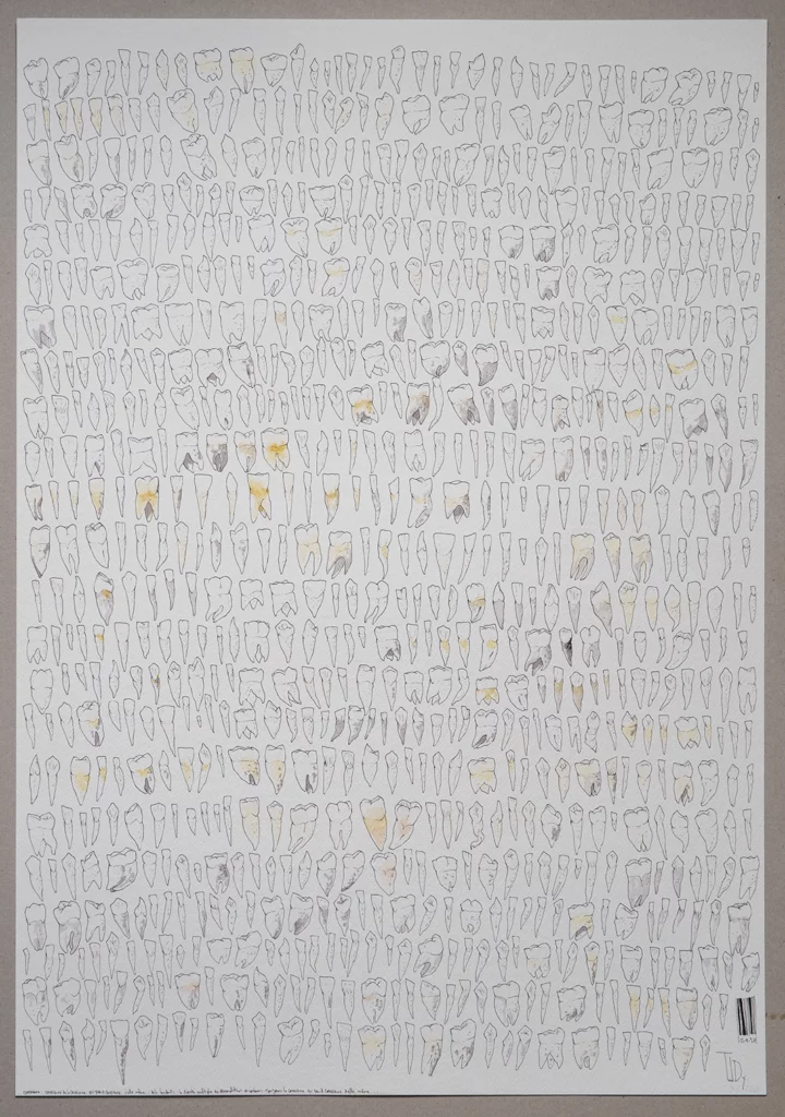 "dental genealogical mapping" 2025, black pen, felt-tip pens on paper, 100 x 70 cm, i-dent-ité series 2025 contemporary drawing